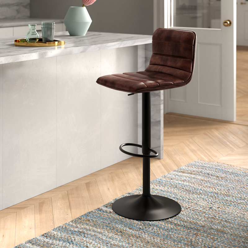 Rawlinson Adjustable Height Low Back Bar Stool with Leather Seat and Metal Base